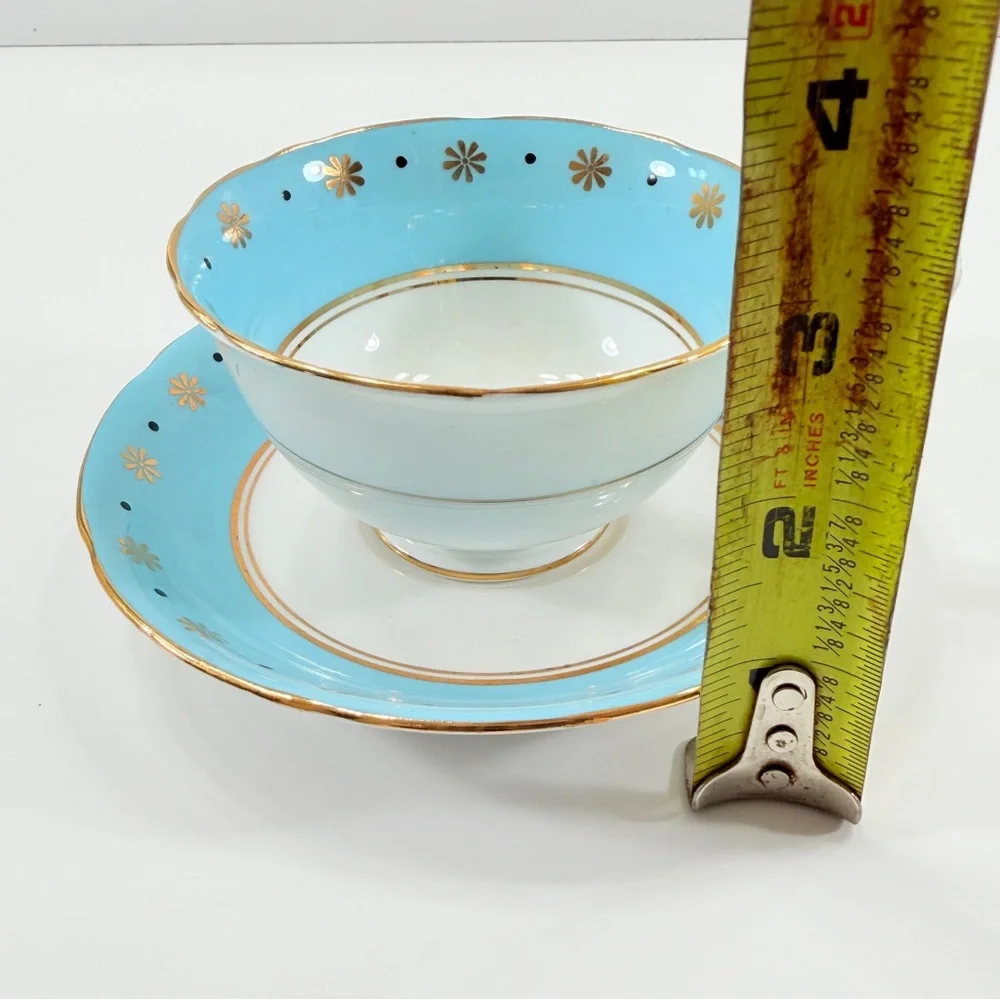 Royal Grafton Teacup Cup & Saucer Fine Bone China England Sky Blue Gold Trim Vtg